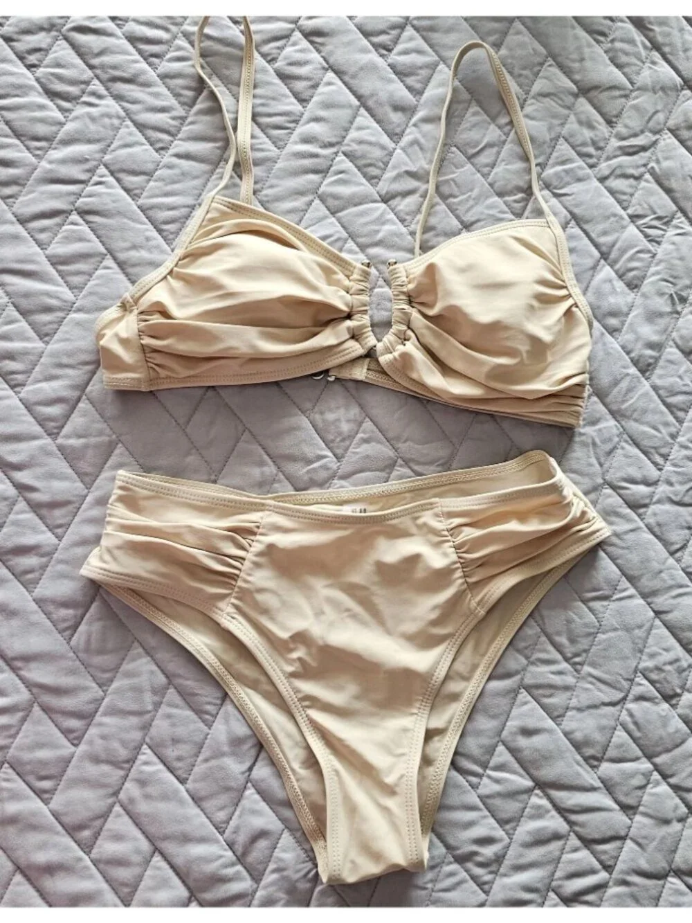 🆕Small Apricot Ring Linked Ruched Adjustable Strap High Cut Bikini Set NWOT - Picture 3 of 4